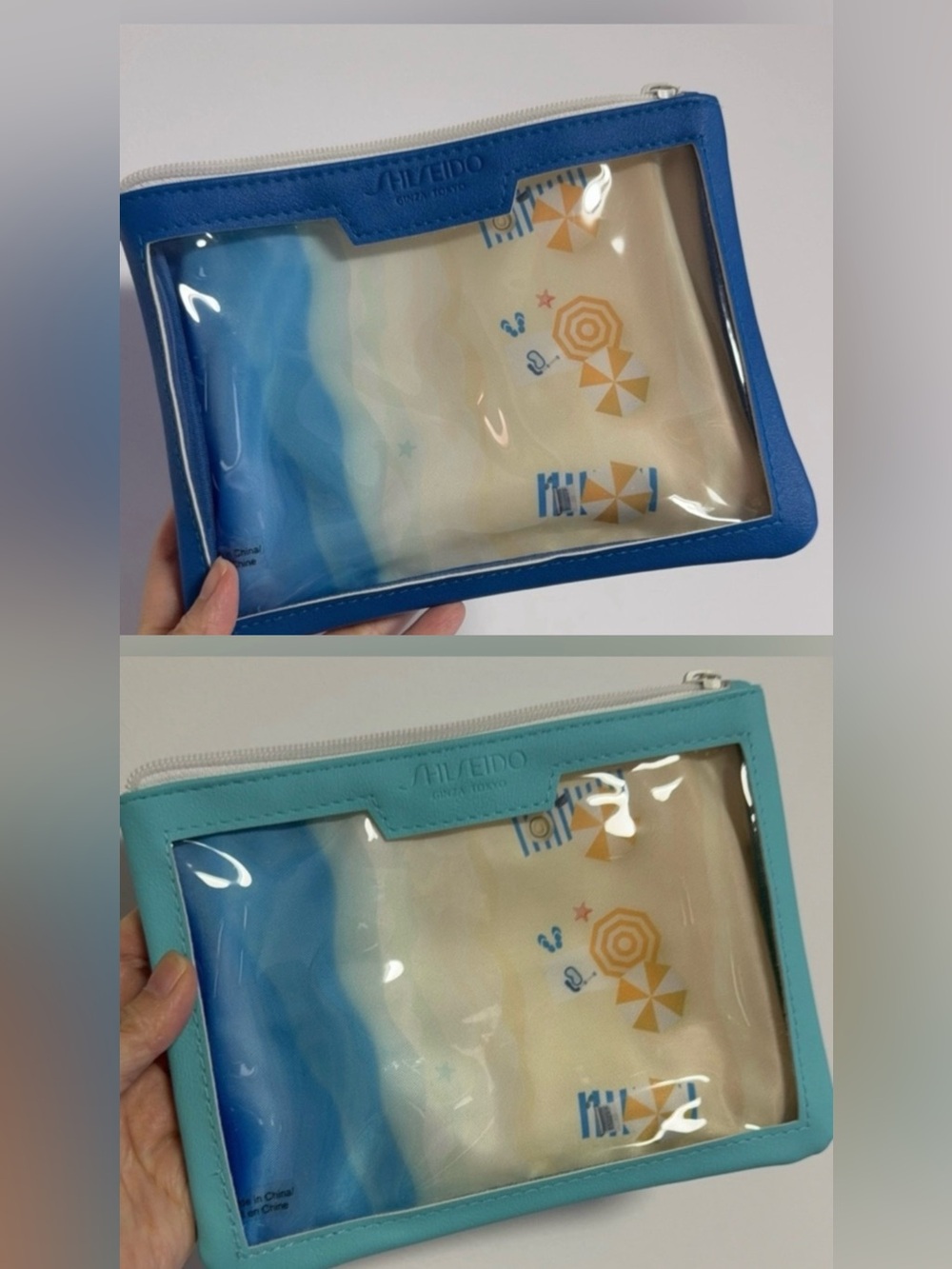 New 2 Shiseido blue and clear vinyl beach-themed makeup bag/cosmetic travel bag